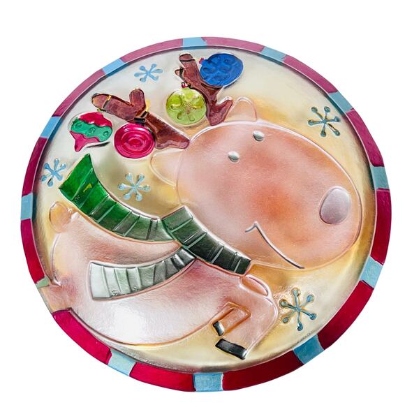 Christmas Holiday Hand Painted Glass Plates Lot of 3 Snowman Santa Reindeer 11" - Picture 8 of 8